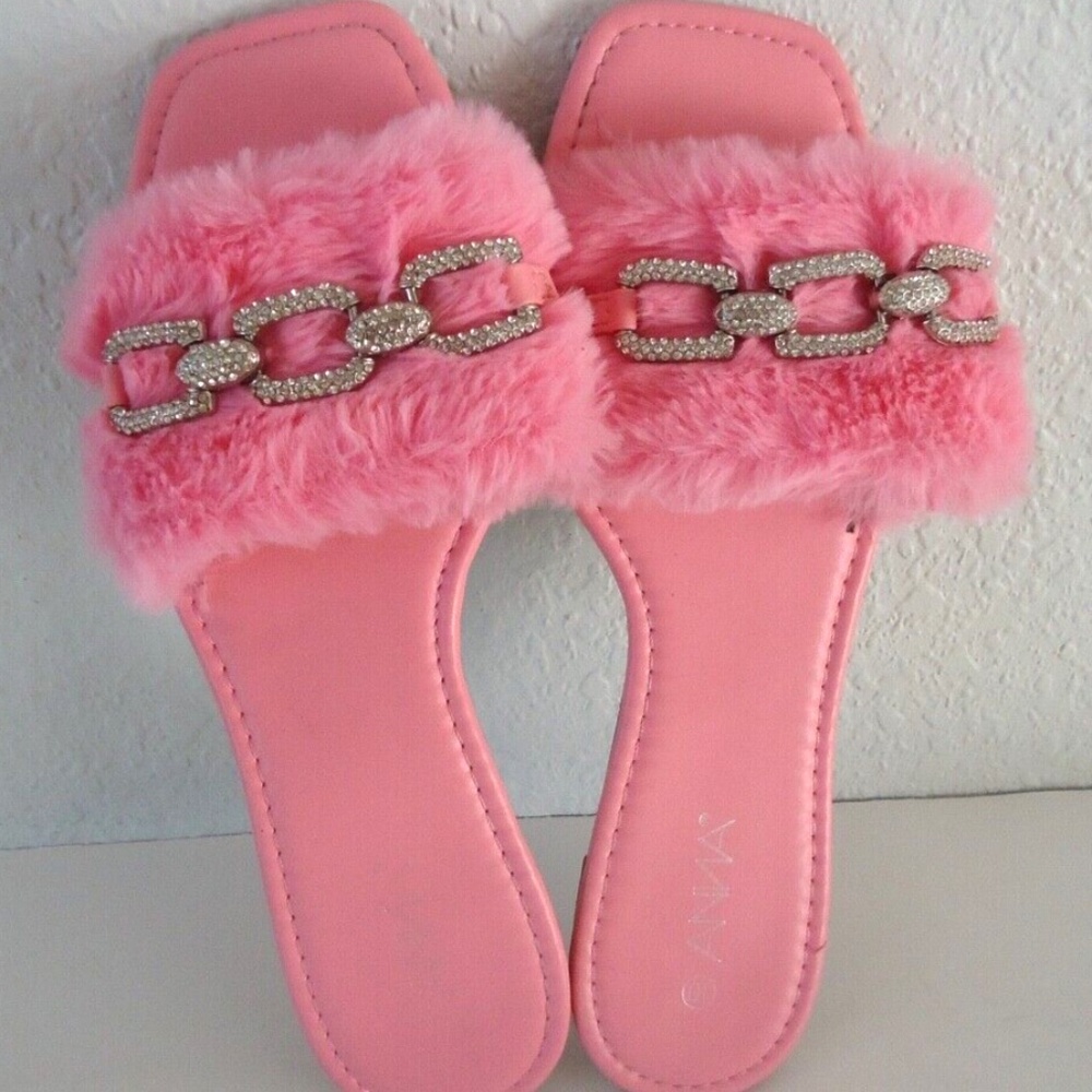 ANNA rhinestone flat-bottomed furry slippers women's slipper Size-10 #36 - Picture 3 of 6